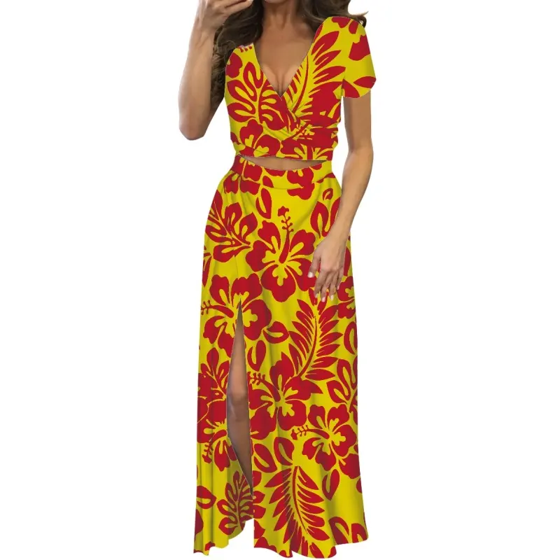 1 MOQ Customized Women's Dress Print Polynesian Hawaiian Style Women Retro Sexy Fashion Plus Size V-neck 2 Pcs Set Dress Beach