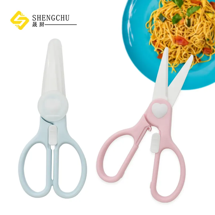 Utensílios de cozinha portáteis, eco-friendly, multi-função, para bebê, corte de alimentos, tesoura de cerâmica com bainha de plástico e fechadura