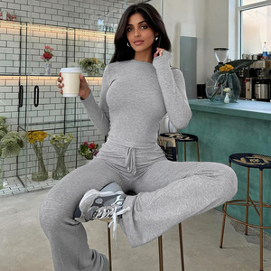 2024 Mới Mùa Xuân giản dị thường xuyên phù hợp với Dài Tay hàng đầu ren lên mắt cá chân bùng quần xếp li hai mảnh thiết lập - Product Image 1