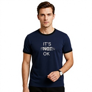 Men's <b>Navy</b> Blue O-Neck Short Sleeve T-Shirt Contrast Trim 'It's Not Ok' Print 100% Cotton Regular Fit Silk Screen Printed - Product Image 2