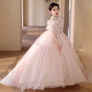 Gaun Princess pernikahan anak perempuan, gaun pesta bordir empuk manik-manik modis mewah untuk anak perempuan