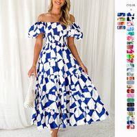 Rok Panjang Kasual Musim Semi Musim Panas Model Eropa Amerika, Pinggang Elastis, Bahu Terbuka, Motif Cetak, Puff, Terlaris