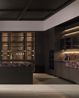 Armoire de cuisine moderne gain de place avec comptoir en marbre rouge, étagère vitrée, couleur et taille personnalisables pour usage commercial