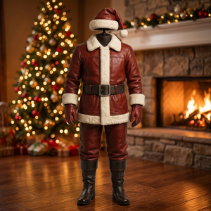 Unisex Red Genuine Leather Santa Claus <b>Costume</b> Jacket <b>Sheep</b> Fur Trim Belted Full Sleeve Winter Outerwear <b>Adult</b> Size In-Stock - Product Image 3