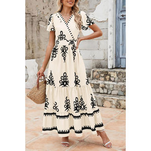 2025 estate Casual scollo a V stile bohémien stampa floreale Abito lungo a strati con tasche - Product Image 5