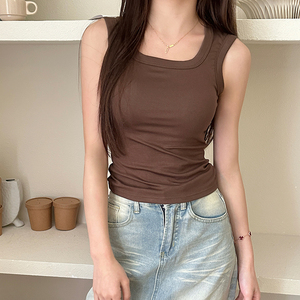 2025 camiseta sin mangas de algodón acanalado informal para mujer, sujetador integrado transpirable de verano, espalda contorneada, Parte delantera OEM - Product Image 4