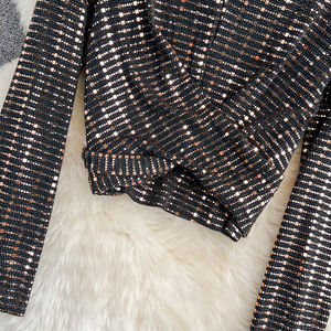 <span class=keywords><strong>Camiseta</strong></span> de <span class=keywords><strong>Lentejuelas</strong></span> de Nuevo Diseño en Oferta al por Mayor, Blusa Sexy con Cuello en V y Pliegues, Ajustada, Ropa de Club, <span class=keywords><strong>Camiseta</strong></span> de Moda para Mujer - Product Image 5