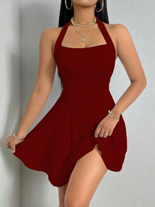 Mini-Robe Femme Sexy Style Y2K Dos Nu Taille Cintrée Plissée Coupe A Évasée Respirante Tissée Décontractée - Product Image 4