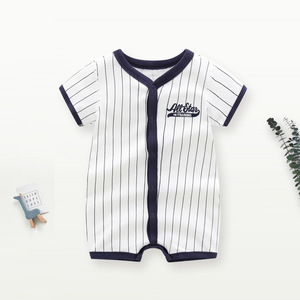 Yazlık Yenidoğan Bebek Rahat Çizgili Düğmeli Kısa Kollu Örme %100 Pamuk Erkek ve Kız Bebek Kıyafetleri Bebek Tulumları - Product Image 1
