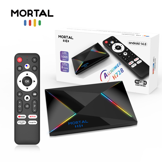 China-Made Mortal T9 Smart TV Box Android 14 Allwinner H728 4GB RAM 2.4G/5.8G WIFI 6 8K HD BT5.4 HDR10+ Media Set-Top Box