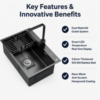 Évier de cuisine noir nano avec robinet cascade, en acier inoxydable 304, à cuve unique, avec lave-tasses, multifonctionnel, intelligent et fait main