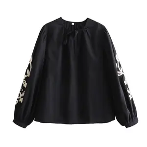 TAOP & ZA 2023 가을 새로운 풀오버 라운드 넥 느슨한 넥타이 긴 소매 자수 검은 여자의 셔츠 도매