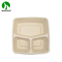 Barquette alimentaire biodégradable Harvest en bagasse à 3 compartiments avec couvercle R-PET/PET/PP, compatible micro-ondes, capacité 1000 ml, carrée, CS1000-3