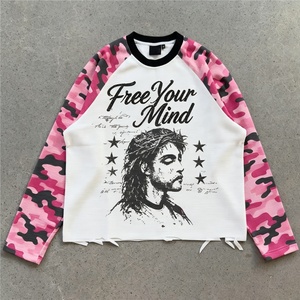 Heavyweight 100%Cotton Waffle Knit 300GSM Distressed Raglan Vintage Graphic <b>Y2K</b> Style Long Sleeve <b>Shirt</b> for Men - Product Image 2