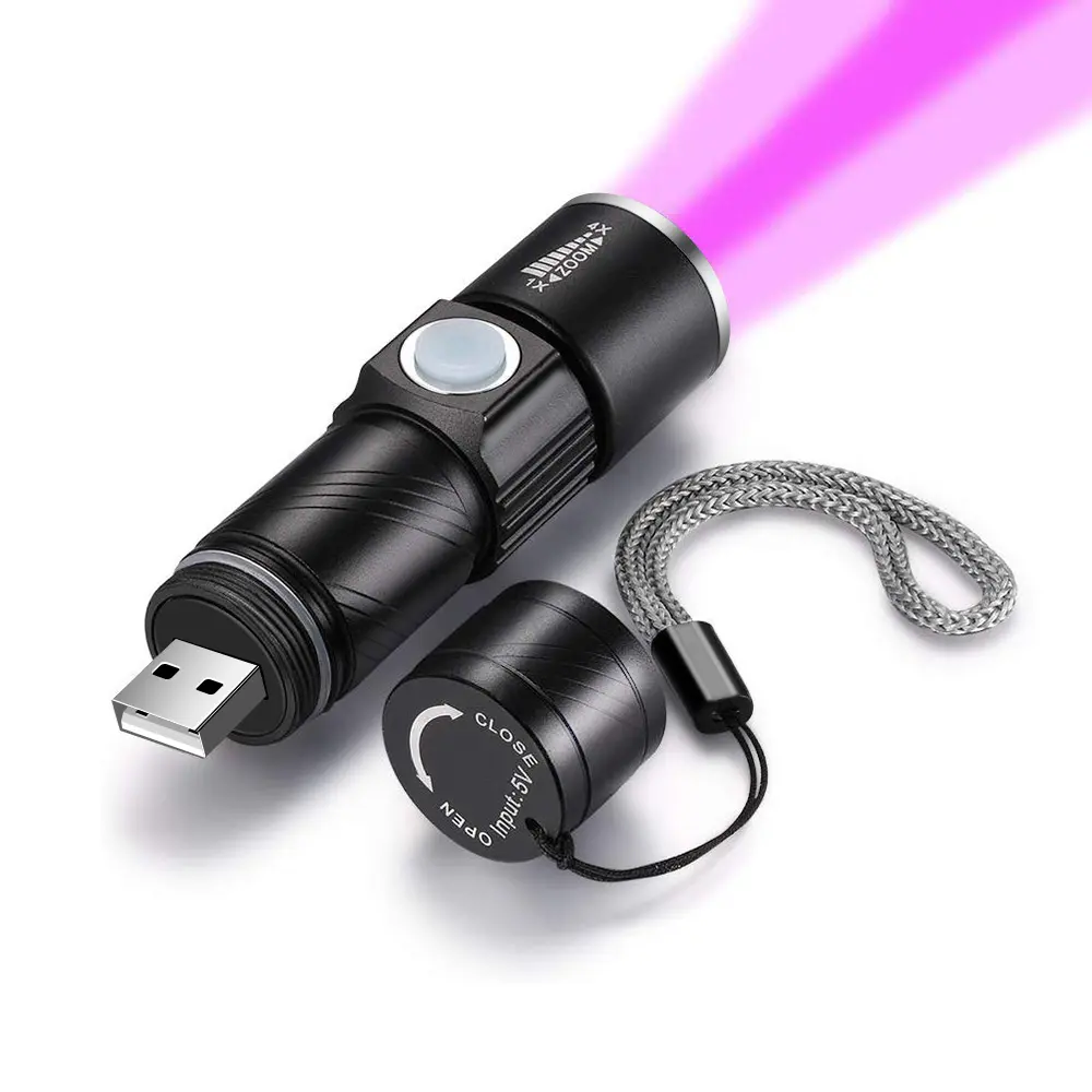 Lanterna ultravioleta led de 365nm/395nm, com zoom, mini, luz preta, para detectar manchas de urina de bicho de estimação, para caça de escorpião