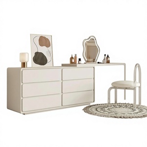 Ensemble coiffeuse moderne minimaliste en chêne massif avec miroir éclairé réglable et tabouret de rangement pour chambre à coucher, écologique - Product Image 1