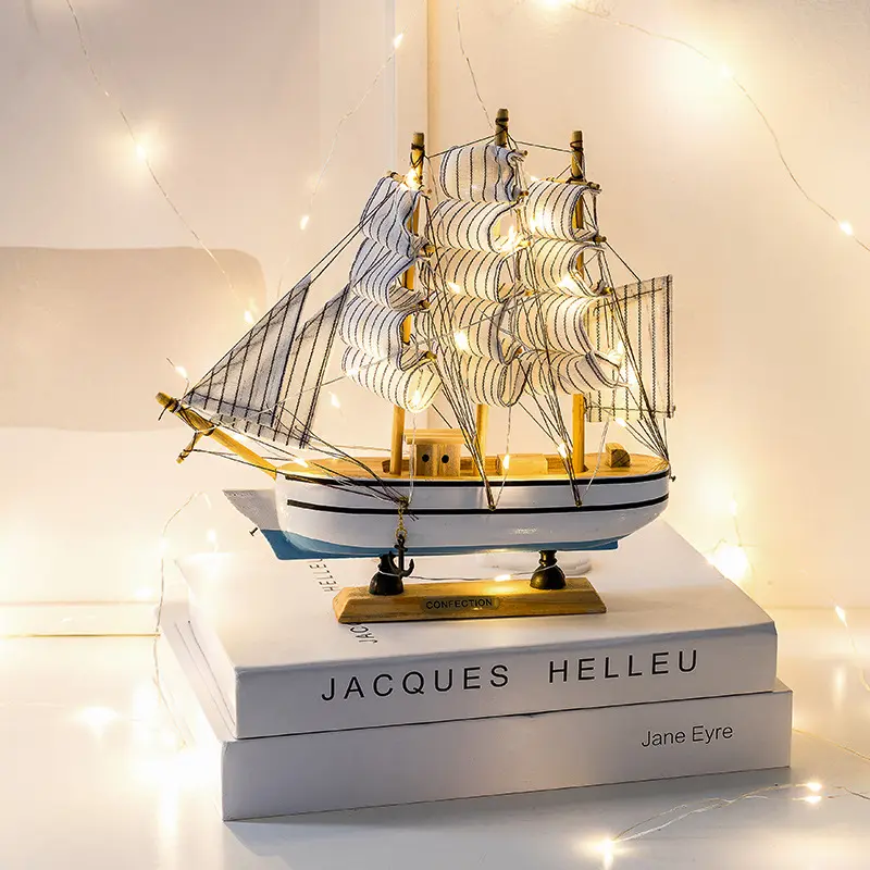 Decoração de casa único presente personalizado, ornamento mediterrâneo para vela, barco, mar, artesanato, barcos, vela, modelo de barco de madeira com luz