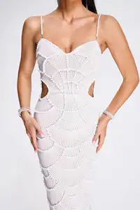 Luxury Ladies Vestidos Sexy Elegant Bodycon See Through Sleeveless White Sequin Pearl Midi Party Evening Dress Women