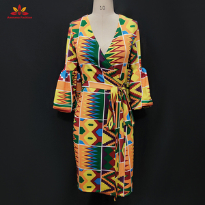 Robe pour femme, imprimé africain Kente, sexy, décolleté <span class=keywords><strong>en</strong></span> V profond, manches <span class=keywords><strong>longues</strong></span> bouffantes, imprimé, cardigan à bretelles, grande taille, décontractée, avec ceinture - Product Image 2