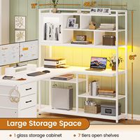 Bureau d'angle pour le travail à domicile de 66 pouces avec tiroir à dossiers et prise électrique, bureau de jeu en forme de L avec éclairage LED, bureau d'ordinateur pour deux personnes