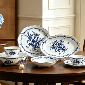 Juego de <span class=keywords><strong>Vajilla</strong></span> de Porcelana con Calcomanías Florales Azules Vintage, Platos Octagonales Festoneados de Cerámica, Tazones, <span class=keywords><strong>Vajilla</strong></span> en Color Crema y Verde Salvia para Cafeterí<span class=keywords><strong>a</strong></span> - Product Image 1