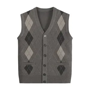 Nouvel arrivage de cardigan jacquard boutonné sans manches automne hiver pull en tricot à col en V pour homme