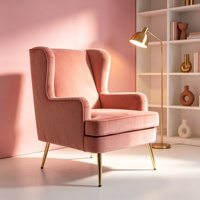 Fauteuil d'appoint à dossier haut en velours rose poudré, accoudoirs rembourrés, design moderne, pieds en métal doré, pour salle à manger, salle de sport, salon, certifié BSCI