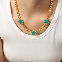 Vente en Gros Bohème Plaqué Or Acier Inoxydable Chaîne Cubaine Fleurs de Trèfle Porte-Bonheur Bracelet et Collier Pendentif pour Femme Ensemble de Bijoux