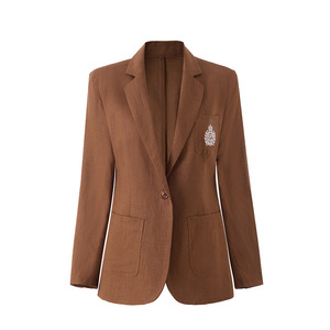 Damen <span class=keywords><strong>Blazer</strong></span> mit Stickerei und Taschen, Bürokleidung, gekerbter Kragen, lange Ärmel, Ein-Knopf-Verschluss, einfarbig, schmal geschnitten - Product Image 5