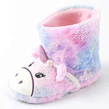 Custom Logo Private Label OEM Children Christmas Animal Unicorn Plush Furry Indoor Boots Shoes for Kids