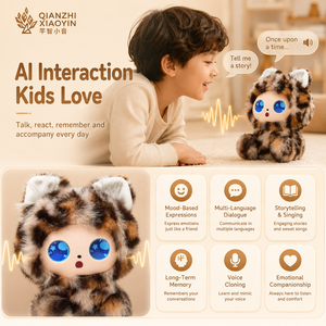 AI Kawaii - Mini Peluche de Gatito con Puntos, Estampado de Leopardo Negro, Orejas de Gato, Ojos LED con Expresiones, ChatGPT, Clonación de Voz en Más de 50 Idiomas, Memoria, 2.4G - Product Image 2