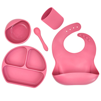 Kit d'alimentation pour bébé en sevrage 5 pièces |   Assiette compartimentée en silicone de qualité alimentaire, cuillère souple, gobelet d'apprentissage, bavoir - Écologique et non toxique