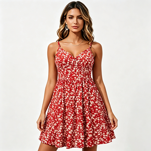 Vestido Mini Floral <span class=keywords><strong>de</strong></span> Verano 2026 <span class=keywords><strong>con</strong></span> Cuello en V, Sin Mangas, <span class=keywords><strong>con</strong></span> Bolsillo, Spandex/Poliéster, Lavable, Informal, para Vacaciones - Product Image 1