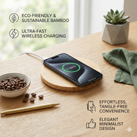 Mini chargeur sans fil en bambou et bois avec câble intégré, base de charge rapide 15W pour la charge de téléphones mobiles