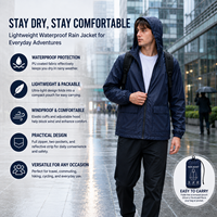 Veste de pluie légère imperméable en polyester enduit de PU avec capuche, pliable, pour les voyages, les trajets quotidiens et l'usage quotidien