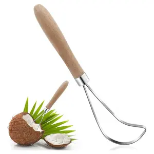 Alat penghilang daging kelapa, pengikis daging kelapa Stainless Steel dengan pegangan kayu tahan lama, alat pisau buah multifungsi