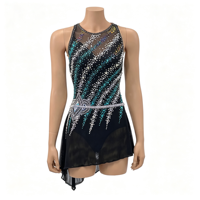 Robe de patinage artistique sans manches noire et verte à dos en V, en tissu maillé avec strass pour enfants et adultes, pour compétition et performance sur glace