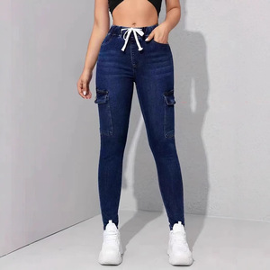 Jean en denim extensible à taille élastique avec cordon de serrage pour femme - Pantalon skinny fuselé moulant, décontracté pour l'été, vente chaude - Product Image 1