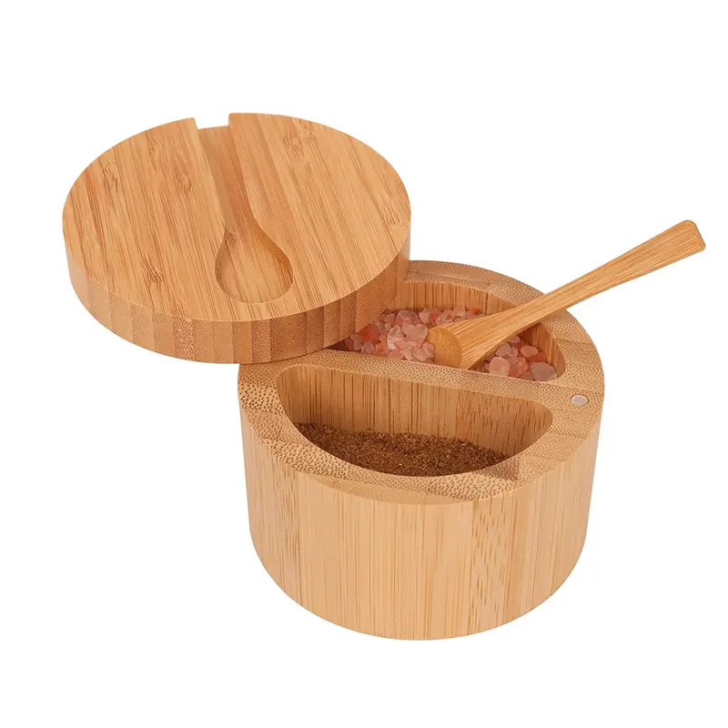 Spoon Seasoning Containers Bamboo Salt and Pepper Bowls Divided Salt Cellar With Magnetic Lid
