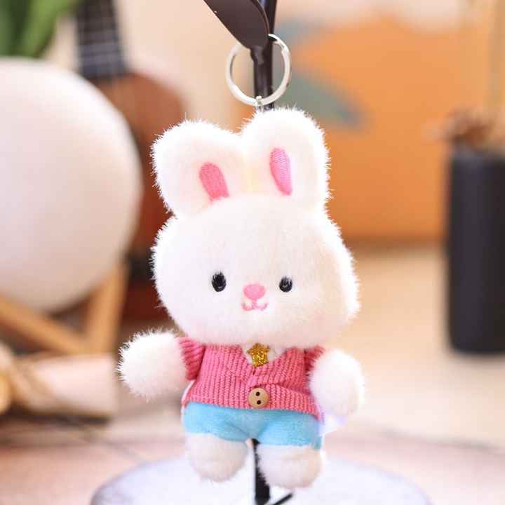 Cute Bunny Plush Keychain For Backpack, 3.5" Inch Mini Rabbit Keychain Purse Charm Pendant Gift For Women Beige
