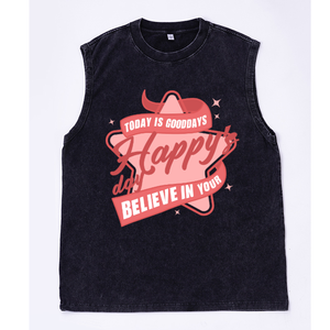 Débardeur noir oversize délavé à l'acide avec ruban étoilé rose et inscription « Happy TODAY IS GOODDAYS BELIEVE in YOUR Singlet » - Product Image 5