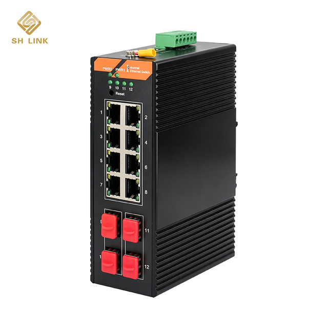 OEM Lite Managed 4 SFP + 8 RJ45 12 Ports Industrial Switch Anti-Vibration Impact Resistant QoS IGMP 10/100/1000Mbps 24Gbps SE