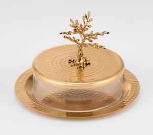 Rectangle <b>Decorative</b> <b>Plate</b> With Gold Palm Tree Lid Polished Metal Glam Design Bulk Order Seller From India - Product Image 3