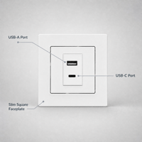 Chargeur mural moderne USB-A et USB-C, double port, prise de courant, design fin, faceplate carrée mate blanche pour la maison et l'hôtel