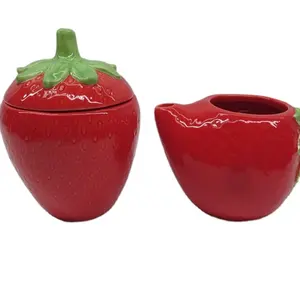 Creamer and Sugar Sets with Lids ,Strawberry shape, for Coffee or Tea Porcelain Milk Pitcher and Sugar Bowl