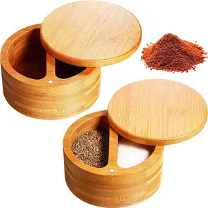 盐和胡椒碗香料罐，带勺子磁性旋转盖子香草和香料盒容器木制