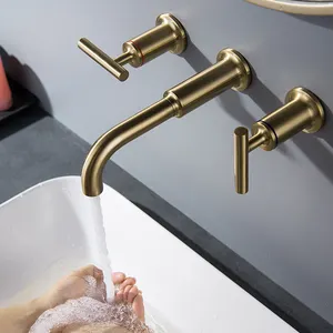 Household Bathroom 3 Holes Double Handles Wall Mount Concealed Widespread Wash Basin Faucet Gold