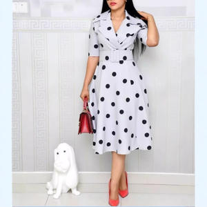 All'ingrosso abbigliamento da <span class=keywords><strong>donna</strong></span> con risvolto grande a pois elegante cravatta in vita a trapezio vestito da ufficio <span class=keywords><strong>taglie</strong></span> forti abito <span class=keywords><strong>donna</strong></span> - Product Image 4