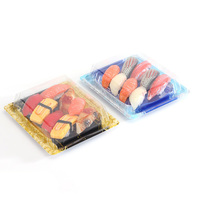 Wegwerp bioafbreekbare vierkante kartonnen sushibox verpakking met glanzende laminatie voor fruitpresentatie, voedselbak, sushibootdoos