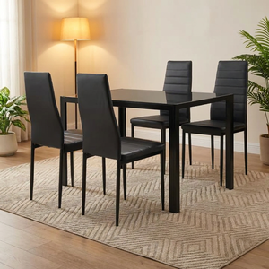 Meilleur choix pour la maison et l'hôtel : Ensemble <span class=keywords><strong>de</strong></span> table à manger moderne et durable avec plateau en verre et <span class=keywords><strong>6</strong></span> chaises en cuir <span class=keywords><strong>noir</strong></span> - Product Image 1